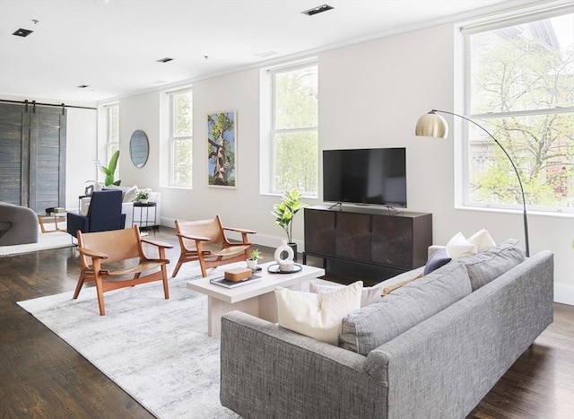 living room with wood finished floors, baseboards, and a barn door