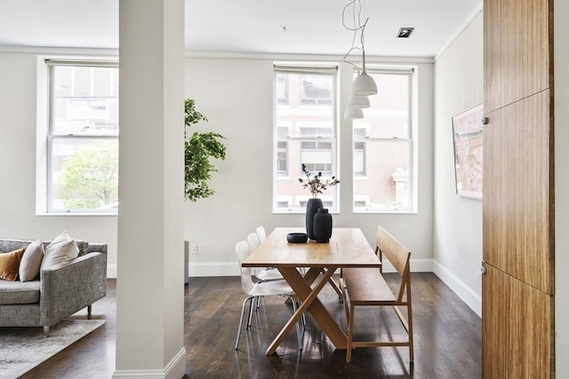 dining room featuring dark wood-type flooring and baseboards