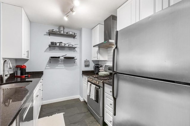 519 Harrison Ave Unit 314, Boston, MA 02118 - kitchen with stainless steel appliances, wall chimney exhaust hood, a sink, and white cabinets