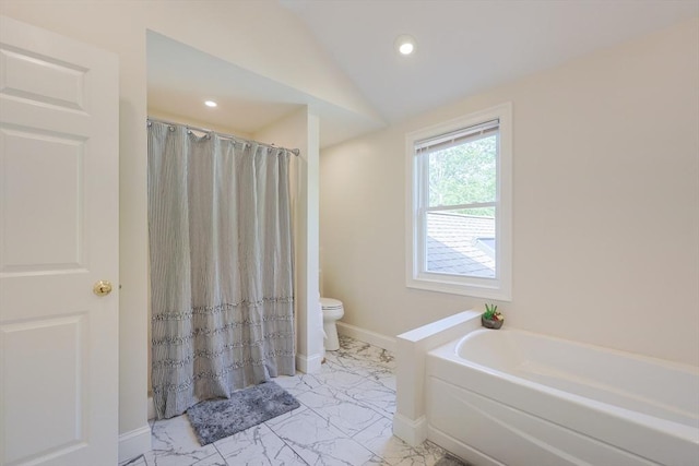 211 Hayden Rowe St, Hopkinton, MA 01748 - bathroom with marble look tiles, a garden tub, vaulted ceiling, recessed lighting, and a shower with shower curtain