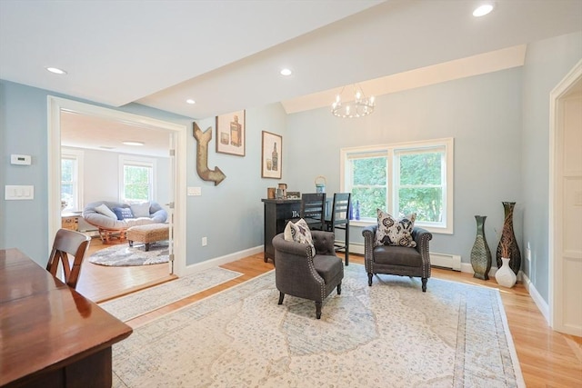 211 Hayden Rowe St, Hopkinton, MA 01748 - sitting room featuring light wood-style flooring, a chandelier, baseboard heating, and recessed lighting