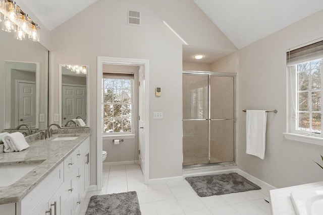 bathroom featuring a shower with door, vanity, lofted ceiling, and tile patterned floors