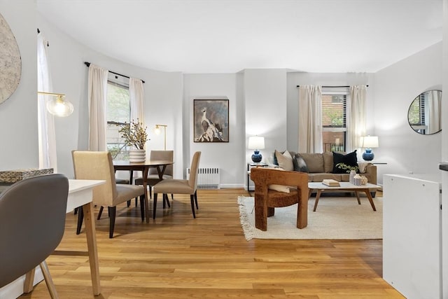 living area with radiator heating unit, light wood-style floors, and plenty of natural light