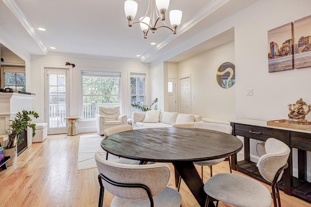 19 Harris St Unit 2, Brookline, MA 02446 - dining space with crown molding, a chandelier, recessed lighting, and light wood-type flooring