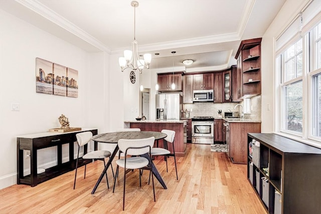 19 Harris St Unit 2, Brookline, MA 02446 - dining space with light wood-style flooring, a chandelier, crown molding, and a tray ceiling