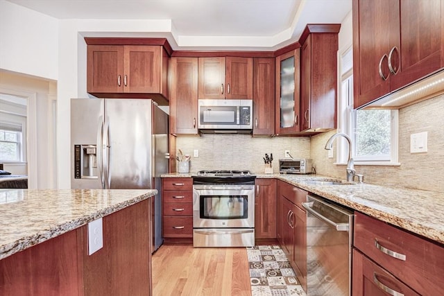 19 Harris St Unit 2, Brookline, MA 02446 - kitchen with appliances with stainless steel finishes, a sink, light stone counters, light wood finished floors, and glass insert cabinets