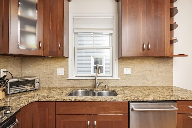 19 Harris St Unit 2, Brookline, MA 02446 - kitchen featuring open shelves, dishwasher, a sink, decorative backsplash, and glass insert cabinets