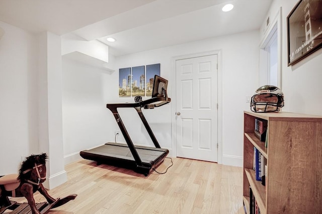 19 Harris St Unit 2, Brookline, MA 02446 - workout area featuring light wood-style floors, recessed lighting, and baseboards