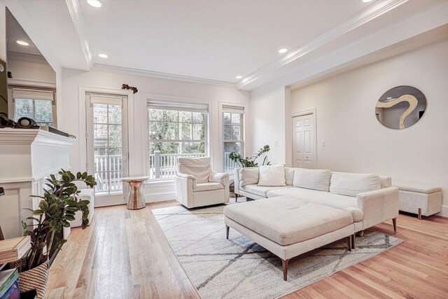 19 Harris St Unit 2, Brookline, MA 02446 - living room featuring plenty of natural light, wood finished floors, crown molding, and recessed lighting
