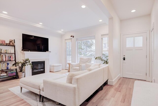 19 Harris St Unit 2, Brookline, MA 02446 - living area with light wood finished floors, recessed lighting, a glass covered fireplace, and baseboards