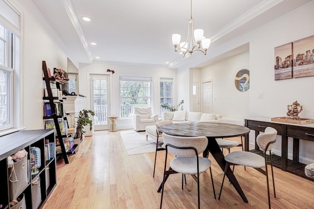 19 Harris St Unit 2, Brookline, MA 02446 - dining room with recessed lighting, light wood-style floors, ornamental molding, a chandelier, and baseboards