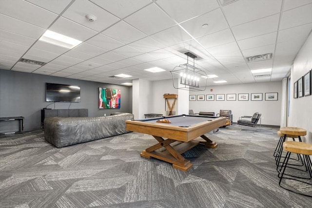 playroom with visible vents, a paneled ceiling, carpet flooring, and pool table