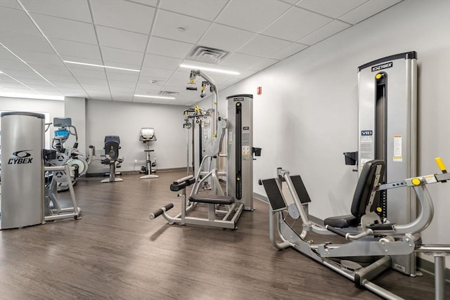 exercise room with wood finished floors, baseboards, a drop ceiling, and visible vents
