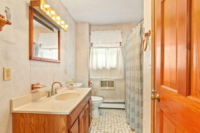 bathroom with a baseboard radiator, toilet, curtained shower, and vanity