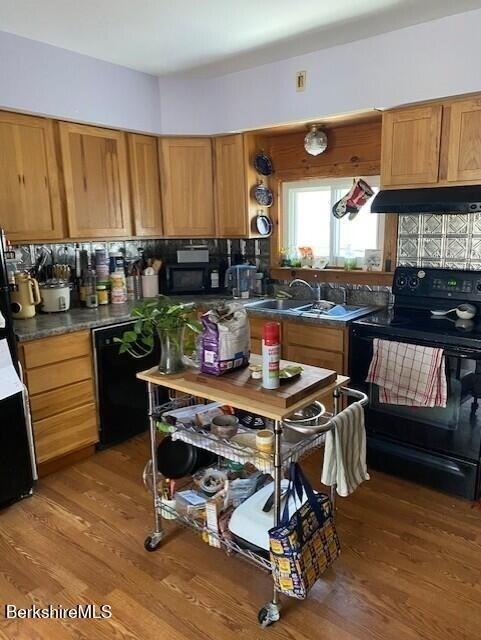 kitchen with sink, decorative backsplash, wood-type flooring, and black appliances