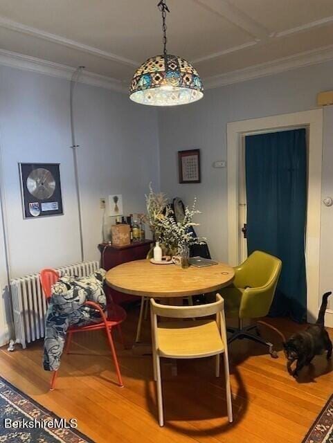 dining room with crown molding and hardwood / wood-style floors