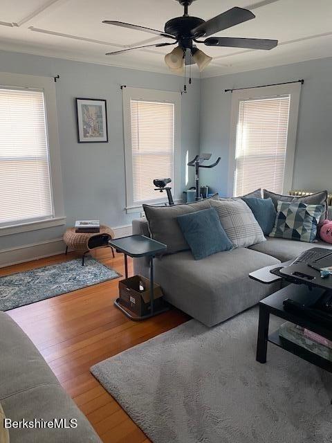 living room with hardwood / wood-style flooring and ceiling fan