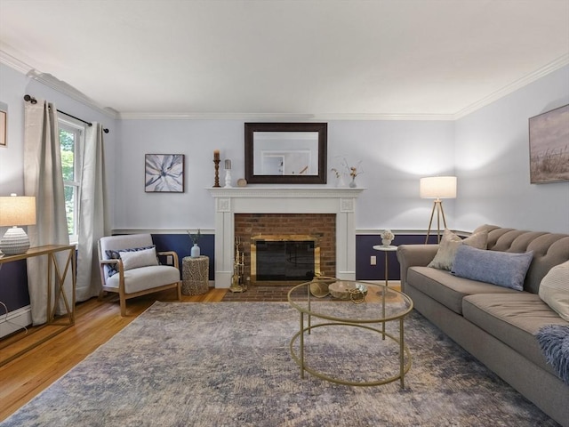 200 Newtown Rd, Acton, MA 01720 - living room featuring crown molding, wood finished floors, and a brick fireplace
