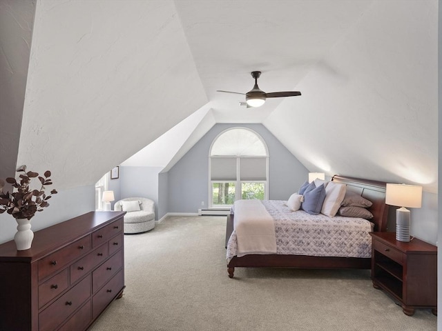 200 Newtown Rd, Acton, MA 01720 - carpeted bedroom featuring lofted ceiling, a baseboard radiator, and a ceiling fan