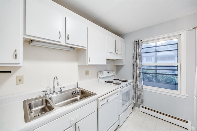 kitchen featuring white cabinets, white appliances, a baseboard heating unit, and sink