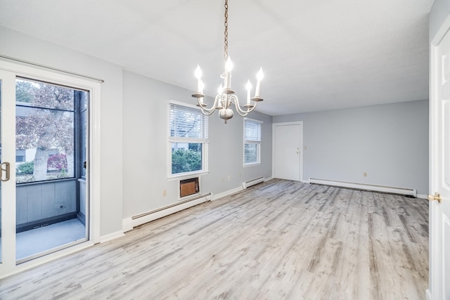 unfurnished dining area featuring light hardwood / wood-style flooring, a baseboard heating unit, and a notable chandelier