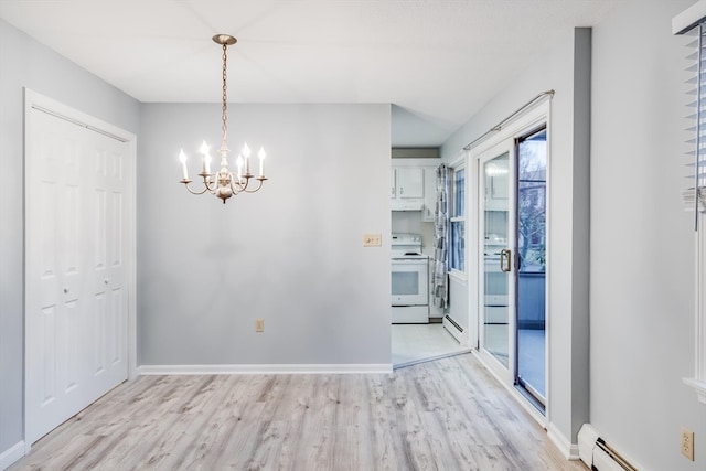 kitchen featuring baseboard heating, electric range, light hardwood / wood-style flooring, white cabinetry, and hanging light fixtures