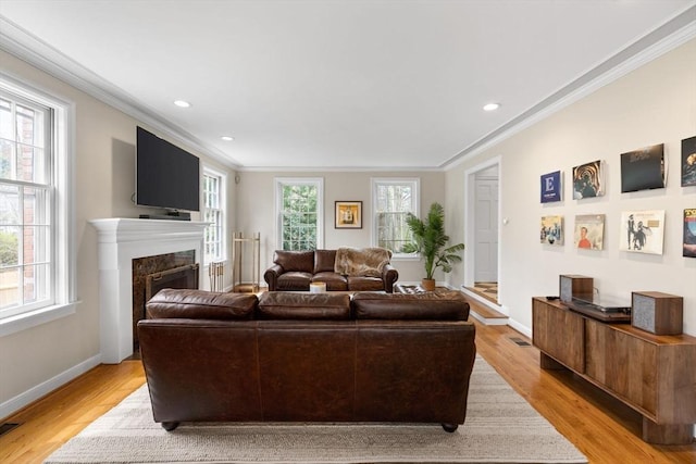 living room featuring crown molding, light wood-style flooring, baseboards, and a fireplace