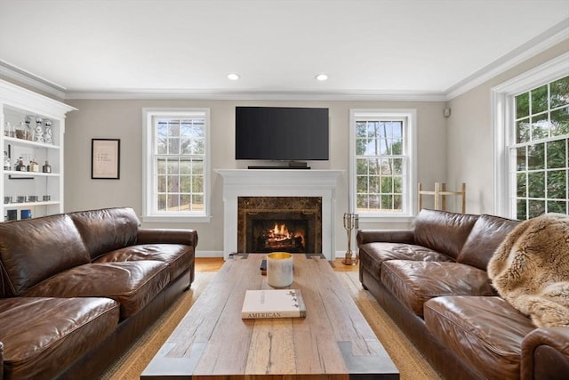 living area with light wood-type flooring, ornamental molding, a wealth of natural light, and a premium fireplace