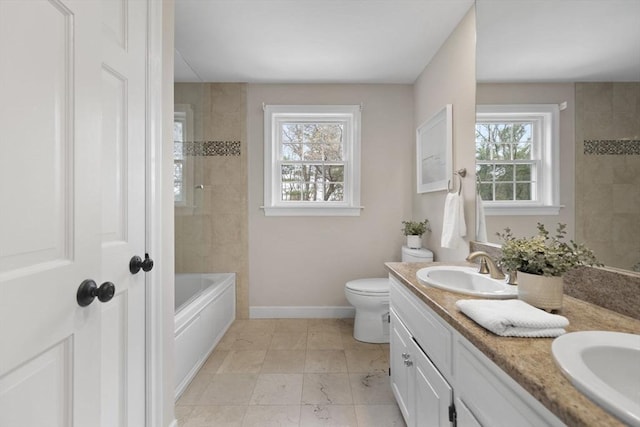 bathroom with a sink, baseboards, double vanity, and marble finish floor