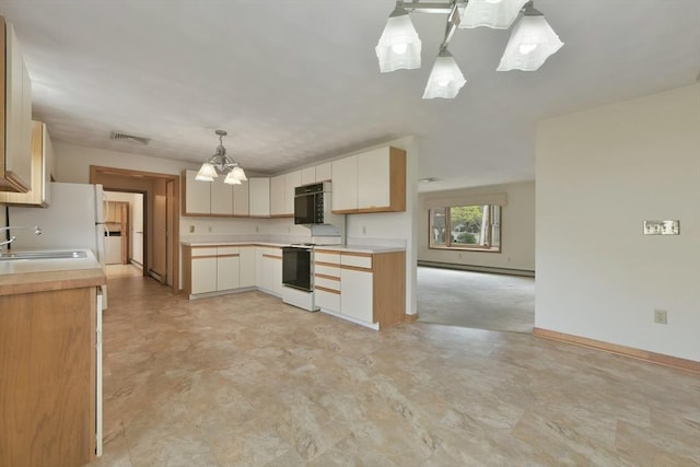 kitchen featuring visible vents, light countertops, a chandelier, a sink, and white electric stove