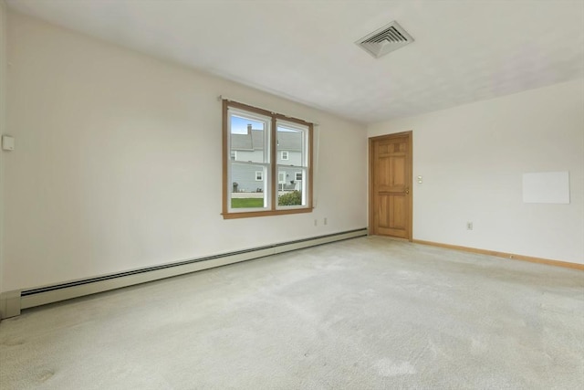 empty room featuring visible vents, a baseboard radiator, baseboards, and light carpet
