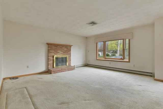 unfurnished living room with baseboards, carpet, a baseboard heating unit, and visible vents