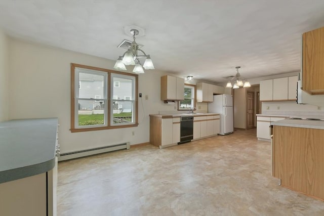 kitchen with an inviting chandelier, a sink, black dishwasher, freestanding refrigerator, and a baseboard radiator