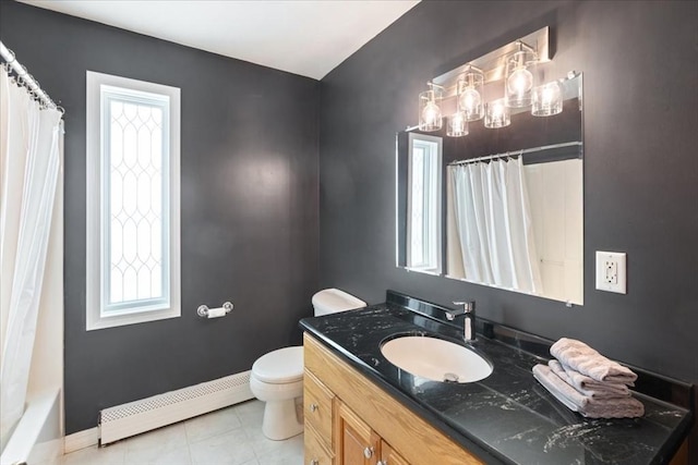 full bathroom featuring shower / bathtub combination with curtain, baseboard heating, tile patterned flooring, toilet, and vanity