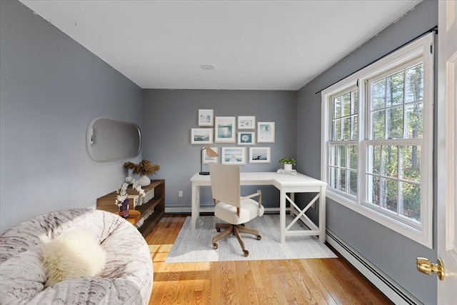 office space featuring hardwood / wood-style flooring and baseboard heating