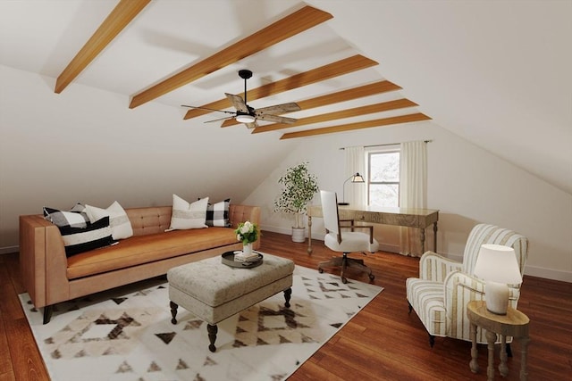 sitting room with wood-type flooring, vaulted ceiling with beams, and ceiling fan