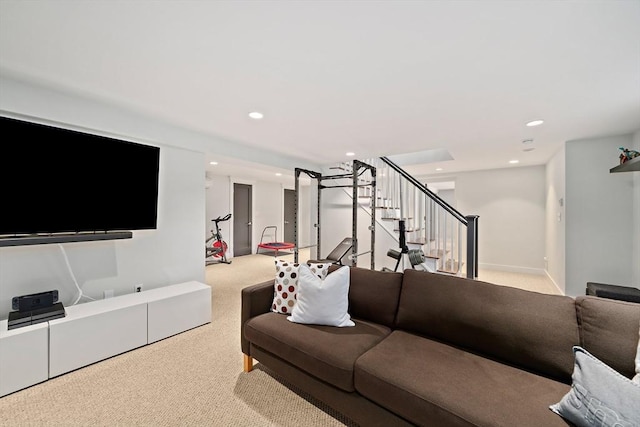 141 Cornell St, Newton, MA 02462 - living area featuring light colored carpet, stairway, and recessed lighting