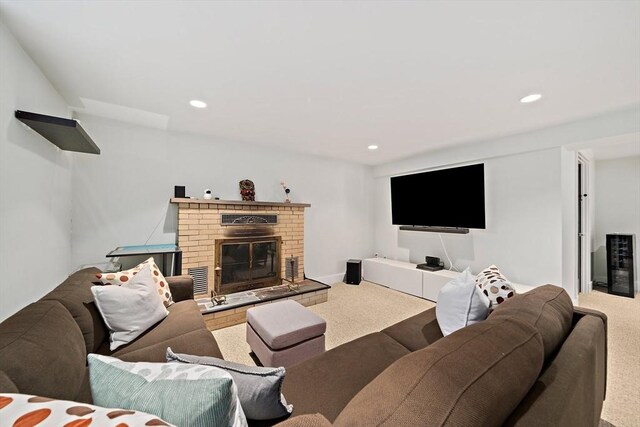 141 Cornell St, Newton, MA 02462 - living area with carpet flooring, recessed lighting, and a brick fireplace