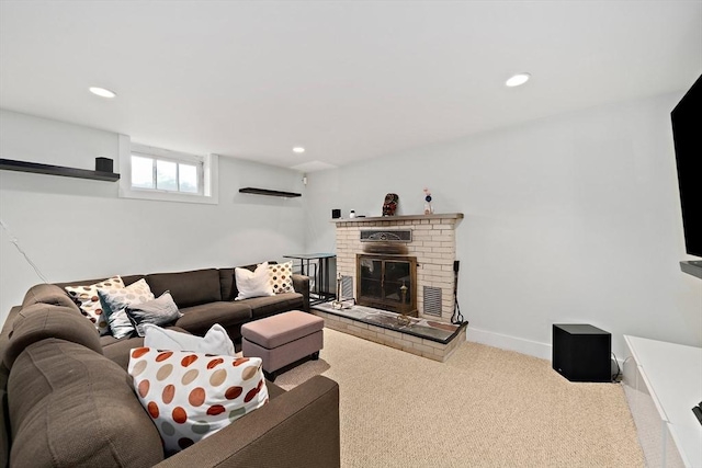 141 Cornell St, Newton, MA 02462 - living room with carpet flooring, recessed lighting, and a brick fireplace