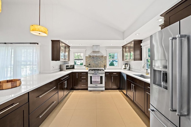 141 Cornell St, Newton, MA 02462 - kitchen with appliances with stainless steel finishes, wall chimney range hood, dark brown cabinets, glass insert cabinets, and lofted ceiling