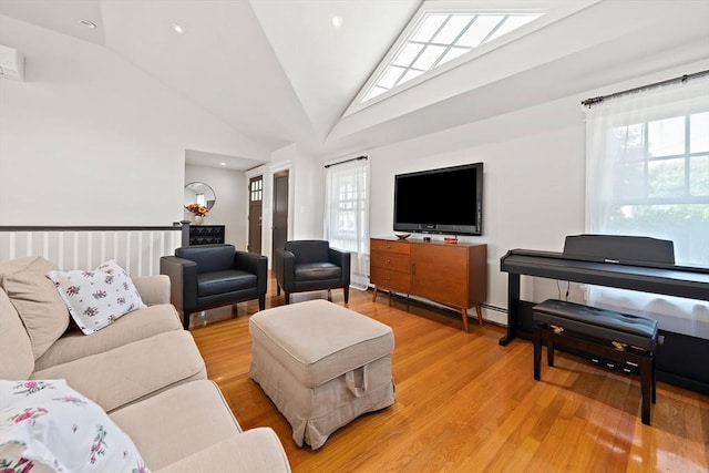 141 Cornell St, Newton, MA 02462 - living area with light wood-type flooring, a baseboard radiator, recessed lighting, and high vaulted ceiling