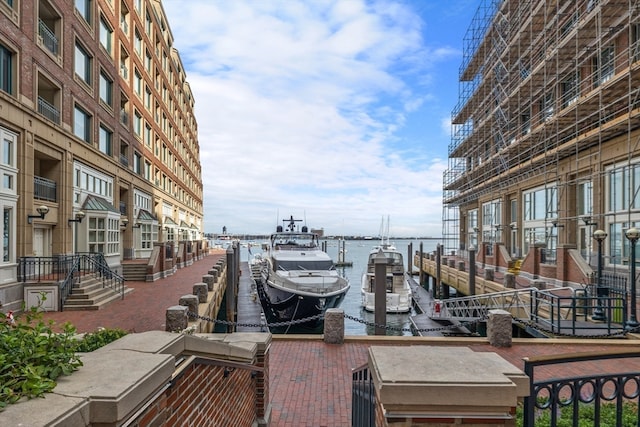 view of dock with a water view