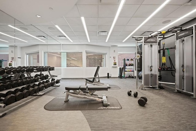 workout area featuring carpet flooring and a drop ceiling