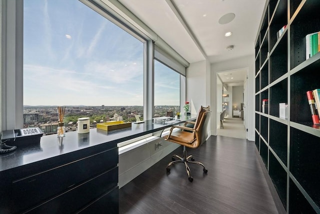 office area featuring dark hardwood / wood-style floors, expansive windows, and built in desk