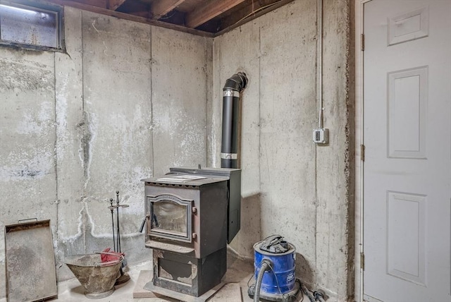 room details featuring a wood stove