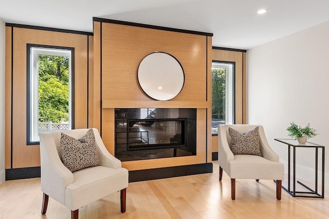 122 Charles St, Reading, MA 01867 - sitting room with a glass covered fireplace, light wood-style flooring, healthy amount of natural light, and recessed lighting