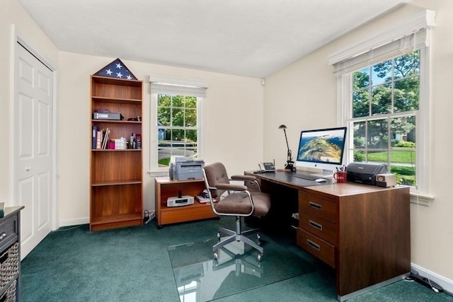 office featuring baseboards and carpet