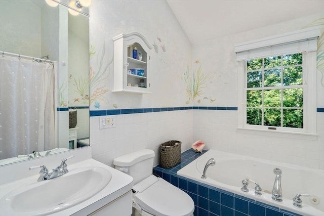 full bathroom with vanity, toilet, a jetted tub, wallpapered walls, and vaulted ceiling