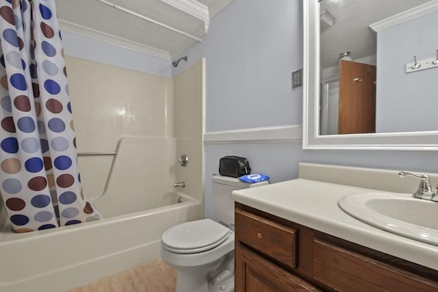 full bathroom featuring shower / bathtub combination with curtain, crown molding, toilet, vanity, and hardwood / wood-style flooring