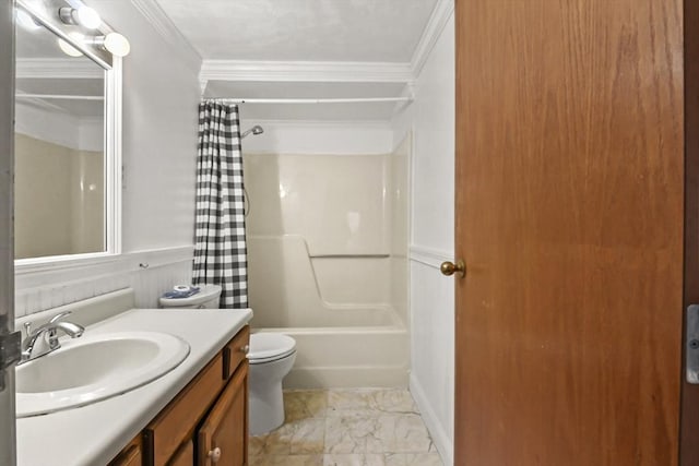 full bathroom featuring shower / bath combination with curtain, vanity, toilet, and ornamental molding